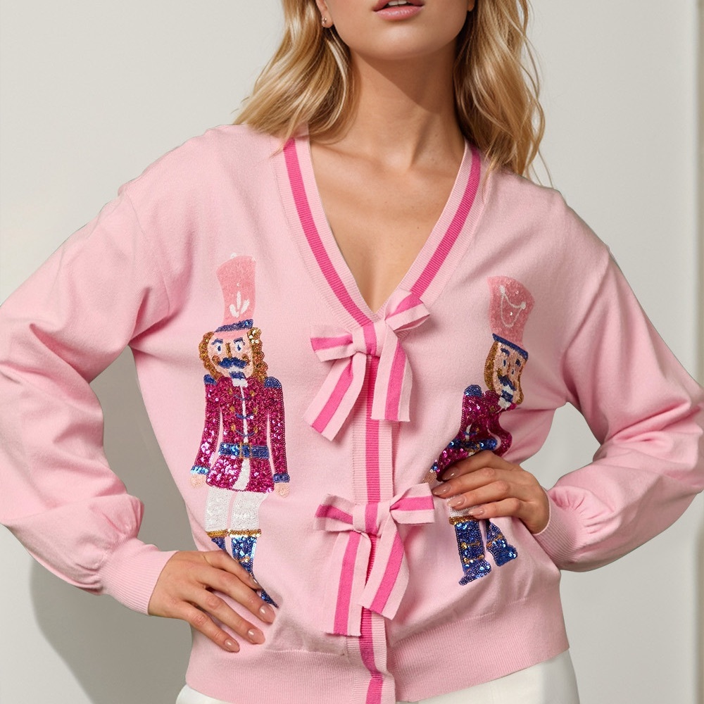 Pink Sequin Cardigan with Nutcracker Design